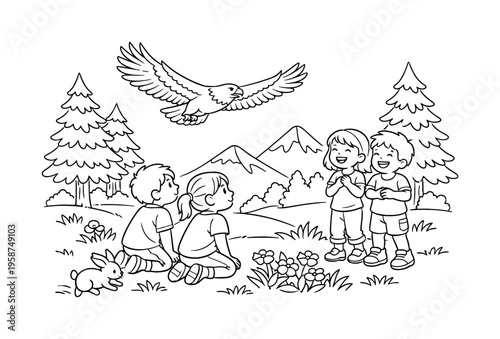 Eagle soar scene with kids kneeling and observing an eagle gliding, friends laughing nearby, trees, mountain peaks, flowers, and