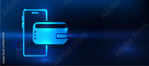 Digital wallet concept with mobile payment and secure transaction icon on blue technology background. Financial technology system for storing digital assets, managing payments and secure online transa