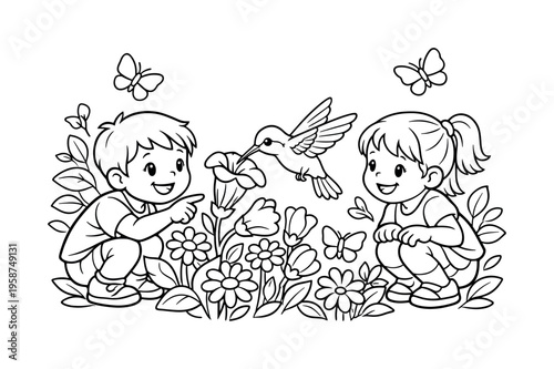 Children watching a hummingbird sipping nectar from a flower, smiling and pointing, garden flowers, leaves, and friendly