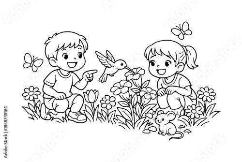 Children enjoying a sunny garden, watching a hummingbird sip nectar, smiling and pointing, flowers, friendly butterflies, and a