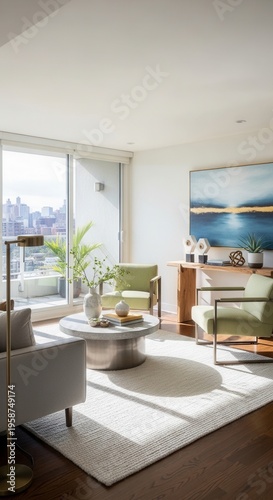 Modern Living Room Interior With City View and Abstract Art