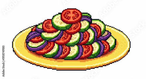 Pixel Art Ratatouille Dish on Yellow Plate.