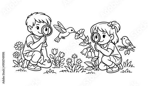Songbird nest scene with kids kneeling and observing a songbird in a nest, friends laughing nearby, small plants, flowers, and a