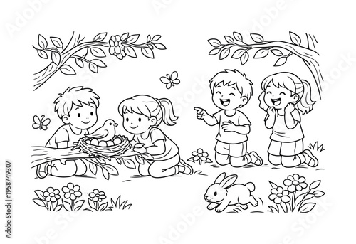 Songbird nest scene with kids kneeling and observing a songbird on its nest, friends laughing nearby, tree branches, leaves,