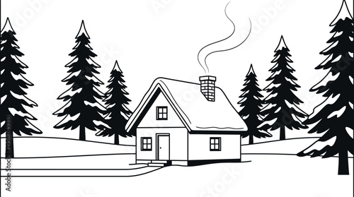 Winter Cabin in the Snowy Wilderness: A cozy cabin nestled amidst a snowy forest, its chimney releasing gentle swirls of smoke against the backdrop of towering evergreen trees.