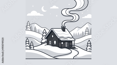 Winter Cabin: A cozy cabin nestles amidst a snowy winter wonderland, with smoke gracefully curling from its chimney against a backdrop of mountains and a serene night sky. 