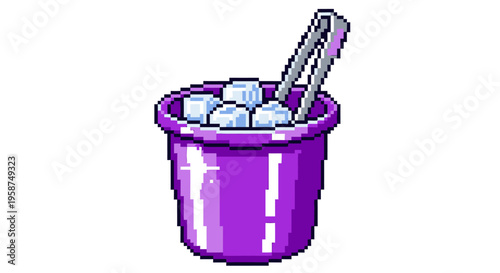 Pixel Art Ice Bucket with Tongs and Cubes.