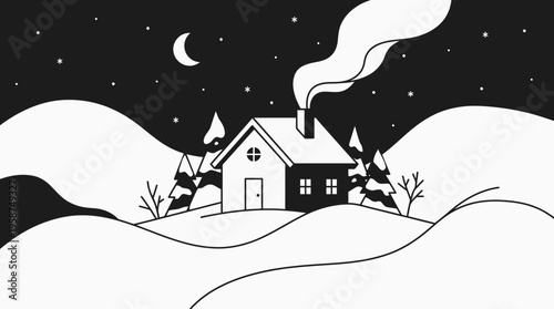 Christmas winter night landscape with snowy houses and peaceful village scene