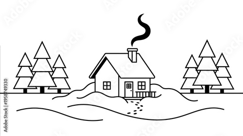 cozy winter house in the forest by the river with snow and trees in a peaceful village scene