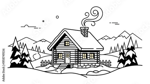 Cozy log cabin in a snowy winter landscape with mountains and pine trees, smoke rising from the chimney, in a minimalist line art style.