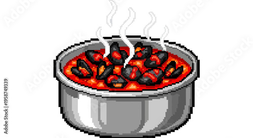 Pixel Art Steaming Pot of Delicious Mussels in Sauce.