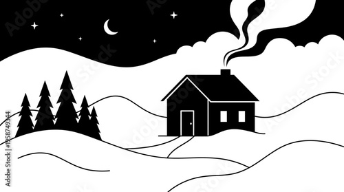 A cozy house in a snowy winter landscape at night with a crescent moon and stars, smoke rising from the chimney.