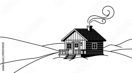 Black and white line art illustration of a cozy wooden cabin with smoke rising from its chimney, nestled in a serene, hilly landscape.