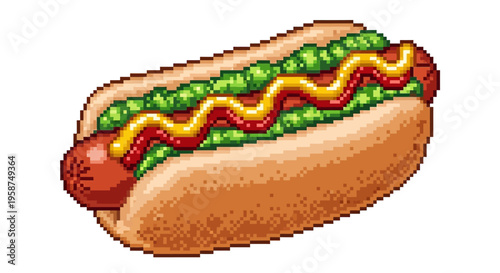 Pixel Art Hot Dog with Mustard and Relish.