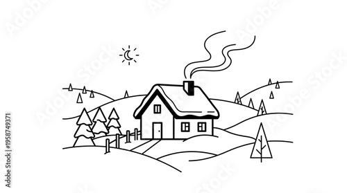 Simple line art drawing of a cozy house nestled in a snowy winter landscape with smoke rising from the chimney under a night sky with a crescent moon.