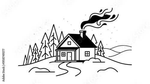 cozy winter christmas house in the snowy forest on a hill at night with trees and peaceful village scene