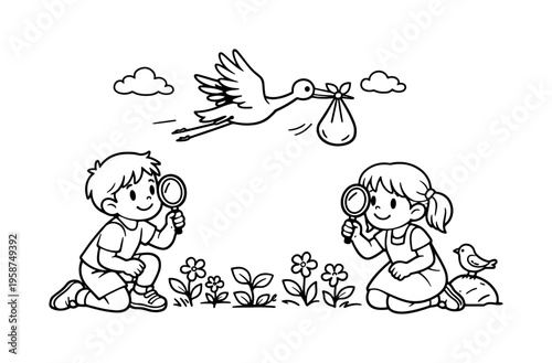 Stork Adventure Observation. Stork delivery with kids holding magnifying glasses, observing a stork carrying a bundle across the