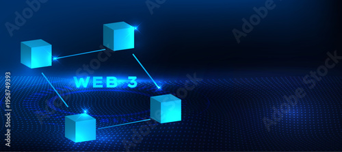 Web3 technology concept with decentralized network and blockchain icon on blue futuristic background. Modern internet system for secure data ownership, digital assets and decentralized applications.