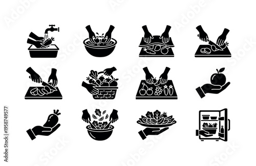 Step-by-step icons showing fresh food preparation and storage