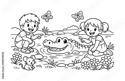 Children enjoying a sunny river scene, watching a grinning alligator, smiling and pointing, flowers, friendly butterflies, and a