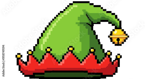 Pixel Art Elf Hat with Jingle Bell Icon.