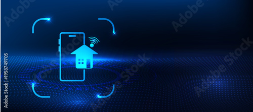 Smart home concept with smartphone control and connected house icon on blue technology background. IoT system for home automation, remote access and smart living technology.