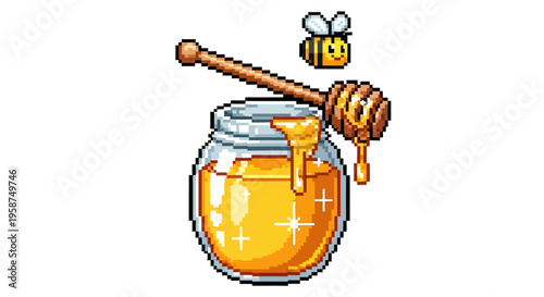 Pixel Art Honey Jar with Bee and Dipper.