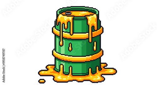 Green Barrel Leaking Yellow Substance Pixel Art.