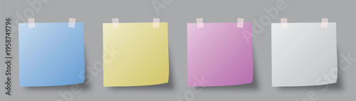 isolated colored memo sticky note set on gray background, vector illustration of colorful post-it notes with scotch tape, colorful paper sheets for office messages and reminders