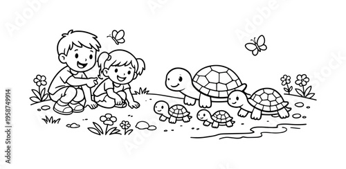 Children watching a turtle family walking slowly on a sandy shore, smiling and pointing, small plants, flowers, and friendly