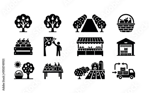Collection of icons depicting fruit harvesting, farming, and distribution processes