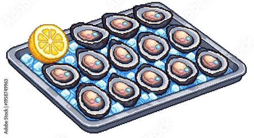 Fresh Oysters on Ice with Lemon Slice.