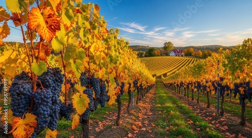 Vineyard Landscape with Rich Grape Clusters and Vibrant Autumn Foliage