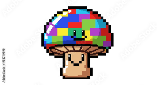 Pixel Art Cute Mushroom Character with Colorful Cap.