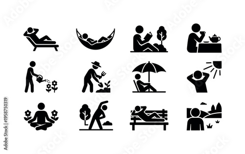Collection of stick figure icons depicting various leisure activities and relaxation in nature