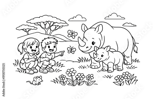 Savanna Wildlife Adventure. Children enjoying a sunny savanna scene, watching a rhino calf beside its mother, smiling and pointing