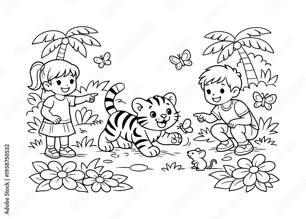 Fototapeta premium Children enjoying a sunny jungle scene, watching a tiger cub playing, smiling and pointing, flowers, friendly butterflies, and a