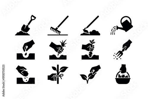 Gardening icons illustrating planting, cultivating, and harvesting vegetables