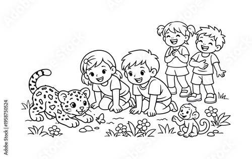 Children and animals interacting in a playful outdoor scene, black and white illustration