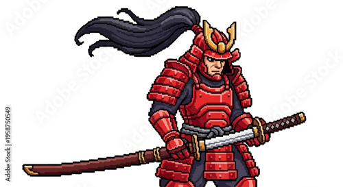 Red Armored Samurai Warrior Holding Katana Sword.