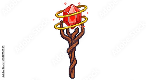 Mystical Red Gemstone Staff with Twisting Wooden Handle.