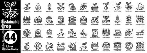 Sustainable crop liner icons set. Collection featuring modern agricultural farming systems, organic growth, environmental protection, and nature technology vector illustration.