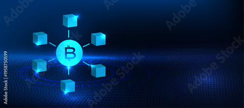Blockchain network technology concept with cryptocurrency and digital node connection icon on blue background. Decentralized system for secure transactions, data distribution and digital finance.