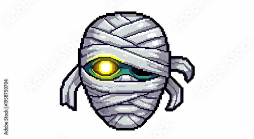 Pixel Art Mummy Head With Glowing Eye.