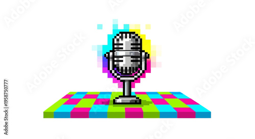Retro Microphone on Colorful Pixelated Stage.