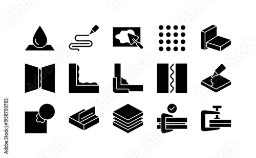 Collection of icons illustrating adhesive application and bonding techniques