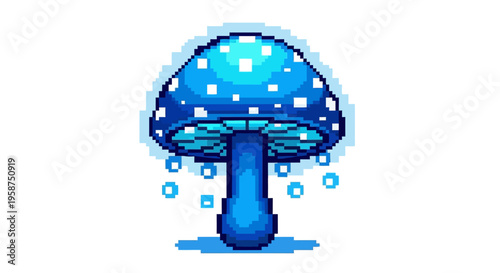 Enchanting Pixel Art Blue Mushroom with Glowing Particles.