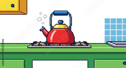 Red Kettle Boiling on Gas Stove Pixel Art.