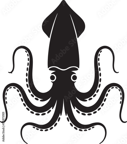 Black silhouette of squid with tentacles white vector illustration EPS PNG file