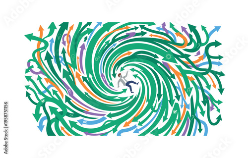 Man caught in a swirling vortex of diverse directional arrows and symbols